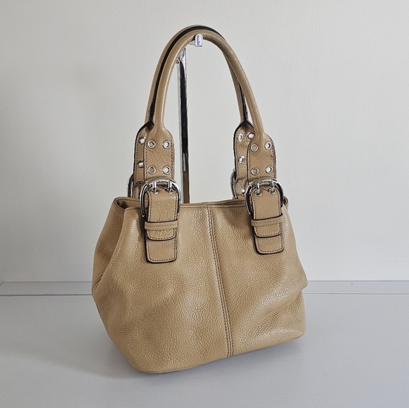 Tignanello Tan Leather Pebble Double Handles Satchel Hand Bag - Picture 1 of 14